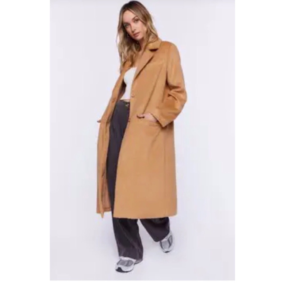 Womens Camel Long Wool-Blend Coat
